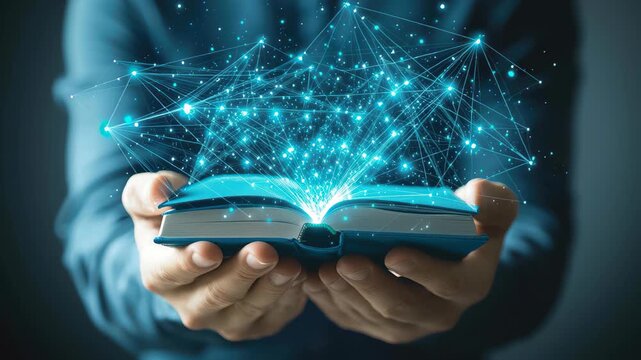 Digital education and elearning concept showcasing a businessman engaging with a glowing, interactive book filled with digital knowledge in a modern workspace