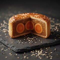Close-up studio shot of a sliced mooncake on a black slate surface, with honey being poured over it.