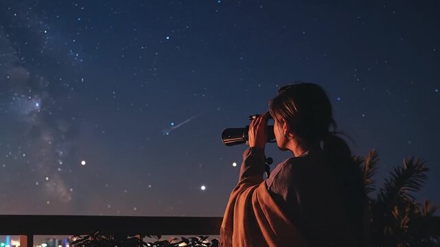 Solitary figure observing the cosmos with a telescope under a spectacular starry night, embracing the vastness of space and the Milky Way
