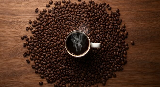 A warm and inviting top-down view of a steaming cup of hot black coffee centered on a bed of roasted coffee beans