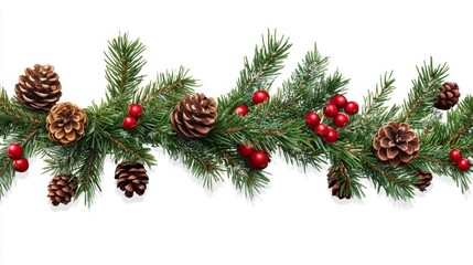 Festive Christmas Garland with Evergreen Branches and Red Berries on Transparent Background