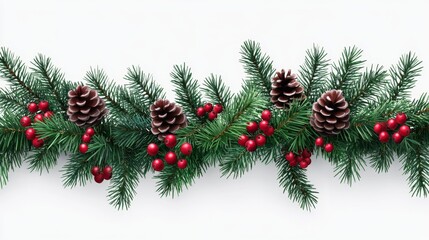 Festive Christmas Garland with Evergreen Branches and Red Berries on Transparent Background