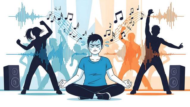 People doing yoga with musical notes creativity relax
