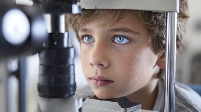 A young boy concentrates intently during an eye examination, showcasing bright blue eyes and emotional depth in a clinical setting, embodying curiosity and health awareness.