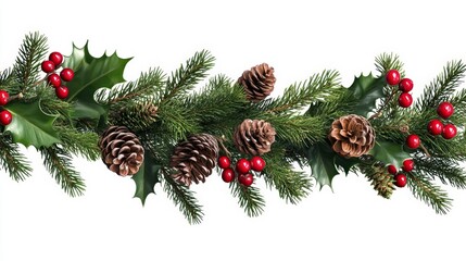 Festive Christmas Garland with Evergreen Branches and Red Berries on Transparent Background