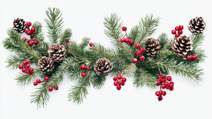 Festive Christmas Garland with Evergreen Branches and Red Berries on Transparent Background