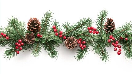 Festive Christmas Garland with Evergreen Branches and Red Berries on Transparent Background