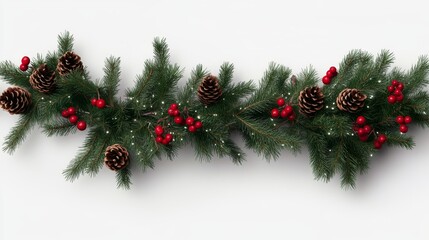 Festive Christmas Garland with Evergreen Branches and Red Berries on Transparent Background