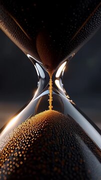 Golden sand flowing inside a cinematic glass hourglass macro loop against a dark background, symbolizing time management and deadline concepts.
