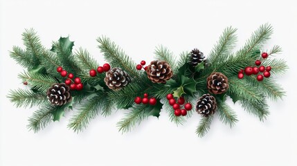 Festive Christmas Garland with Evergreen Branches and Red Berries on Transparent Background