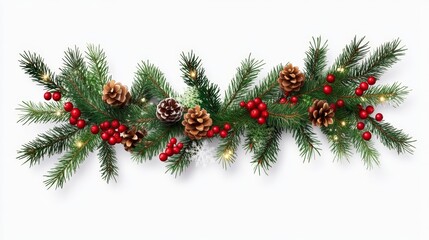 Festive Christmas Garland with Evergreen Branches and Red Berries on Transparent Background