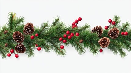 Festive Christmas Garland with Evergreen Branches and Red Berries on Transparent Background