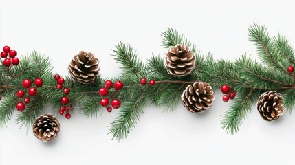 Festive Christmas Garland with Evergreen Branches and Red Berries on Transparent Background