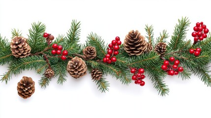 Festive Christmas Garland with Evergreen Branches and Red Berries on Transparent Background