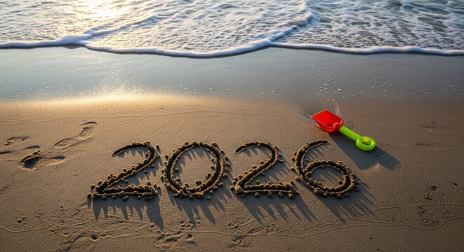 2026 written in sand on a sunset beach with a plastic toy shovel and ocean waves. Summer vacation concept for New Year travel planning, tropical holidays, and future relaxation
