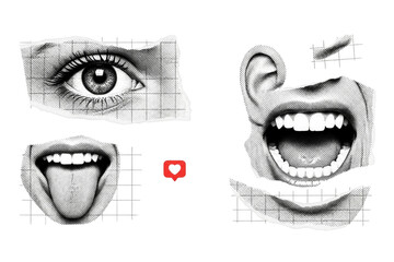 Visual Symphony of Senses Expression Art Eye Mouth Ear Grid Love A Digital Collage of Emotion on transparent background