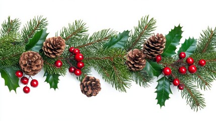 Festive Christmas Garland with Evergreen Branches and Red Berries on Transparent Background