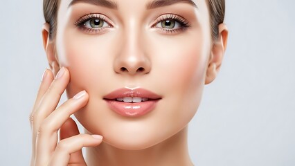 Young woman touching smooth face for healthy skin and skincare