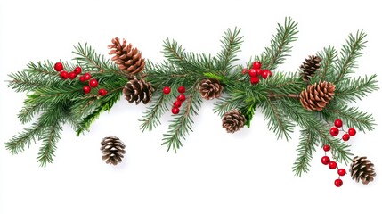 Festive Christmas Garland with Evergreen Branches and Red Berries on Transparent Background