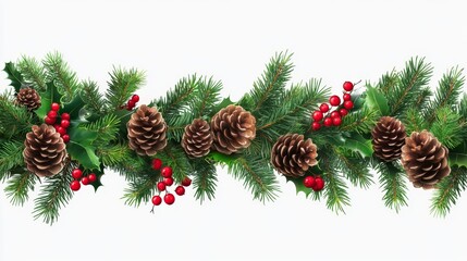 Festive Christmas Garland with Evergreen Branches and Red Berries on Transparent Background