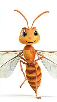 Cute Animated Wasp Character Standing Confidently on White Background.