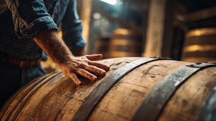 A craftsman inspects a wooden barrel, showcasing the rich textures and artisanal craftsmanship involved in spirit production. The warm ambiance enhances the authenticity.