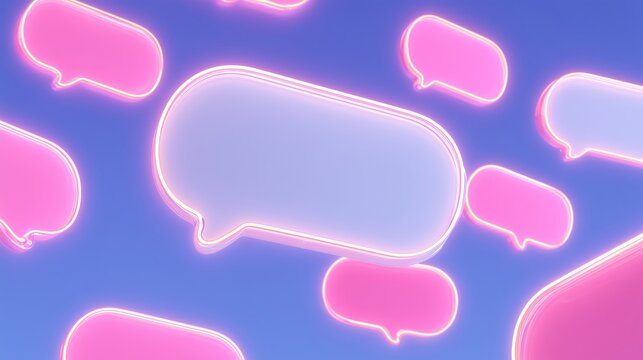 Digital illustration of floating giant speech bubbles in pink and white colors against a blue background, creating a vibrant and engaging visual concept with copy space