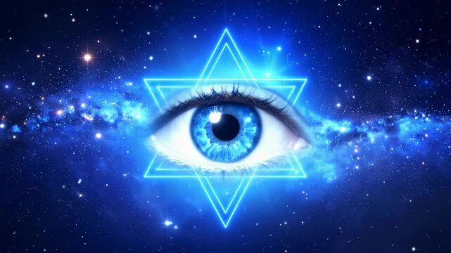 Cosmic All-Seeing Eye within Star Tetrahedron against Galactic Space Background, Featuring a Vibrant Blue Iris with Universe in the Background