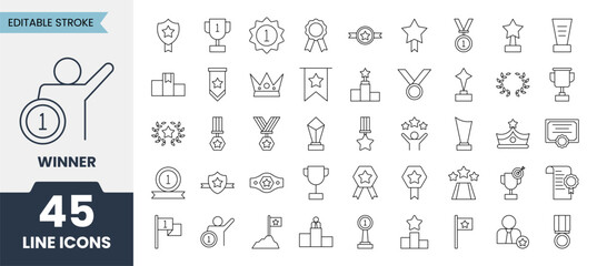 Winner line icons set with editable stroke. Containing win, victory, best, champion, reward, challenging, podium and more. Vector illustratio