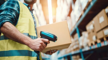 Warehouse worker in a yellow safety vest scanning a package with a digital barcode reader