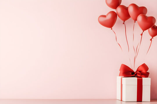 Stylish gift box with red satin ribbon and bow and heart air shaped balloons on pink background. Greeting card for birthday, party anniversary wedding women's, mother's day. St Valentine day romantic - Powered by Adobe