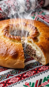 Freshly baked pie with steam on traditional folk cloth. Hot meat pie with cut slice. Delicious homemade food. Vertical video