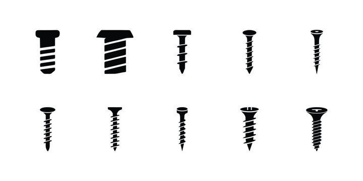 Various screw head and thread type icon silhouette