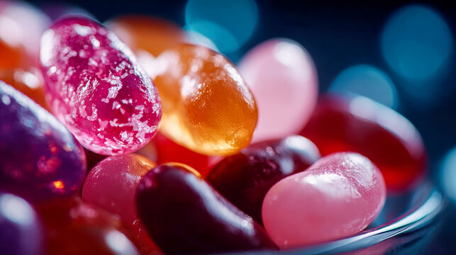 Vibrant assortment of colorful jelly beans in a glossy candy pile