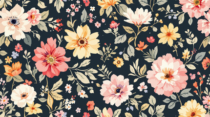 Hand drawn Seamless pattern with pink watercolor flowers. Spring flowers and leaves.