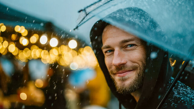 A smiling man under an umbrella on a rainy day with warm bokeh lights in the background
