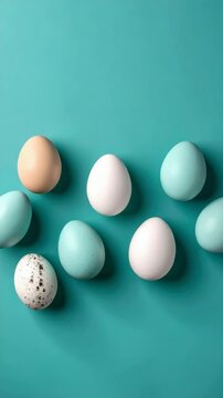 Pastel colored Easter eggs on bright teal background creating a festive pattern for the spring holiday season