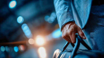 A businessman grips a travel bag handle in an airport environment with blue tones and bokeh lights