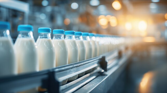 Milk bottles on automated production line in modern dairy facility