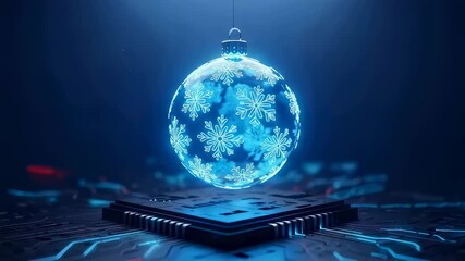 Digital glowing Christmas ornament with snowflakes above circuit board. New Year technology, cyber holiday, and modern celebration concept. - Powered by Adobe