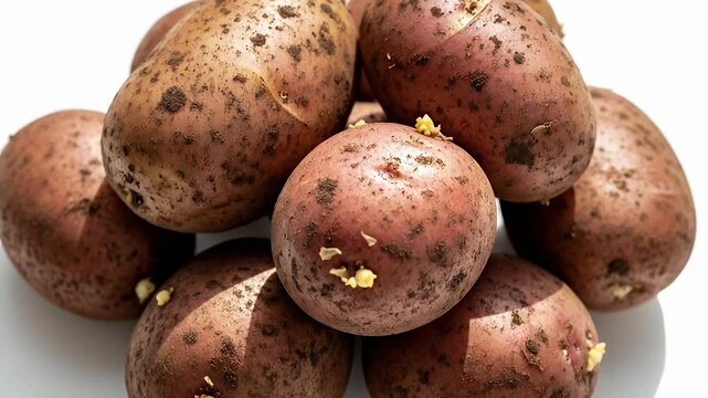 A detailed close-up shot features a rustic pile of raw, unwashed potatoes with visible dirt and small sprouts, set against a pristine white background. The camera slowly zooms in, emphasizing the eart