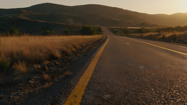 An empty, winding road stretches towards distant hills under the warm glow of a sunset in a vast, open landscape