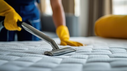 Close-up of a cleaner in yellow gloves vacuuming a quilted mattress