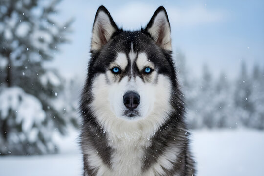 Majestic siberian husky with striking blue eyes in a snowy winter forest landscape