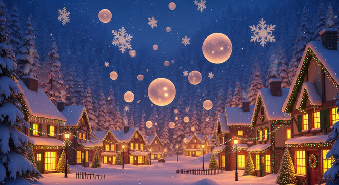 Magical winter village illuminated by lanterns and snowflakes