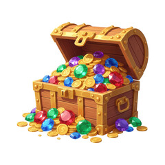 Cartoon treasure chest overflowing with gold coin and jewel isolated on transparent background