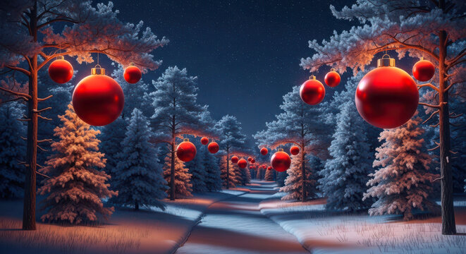 Enchanting snowy forest path lined with red christmas ornaments and twinkling lights