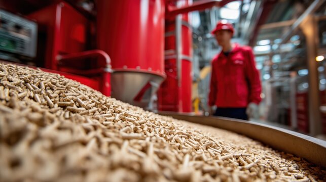 Wood pellet storage with a factory worker in a red uniform inspecting the quality