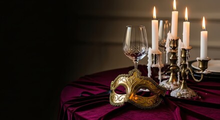 Candlelit table setting with golden mask and wine glass for Mardi Gras  