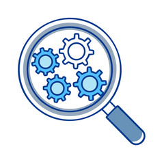 Obraz premium Magnifying glass focusing on blue gear icons representing process and system optimization and development